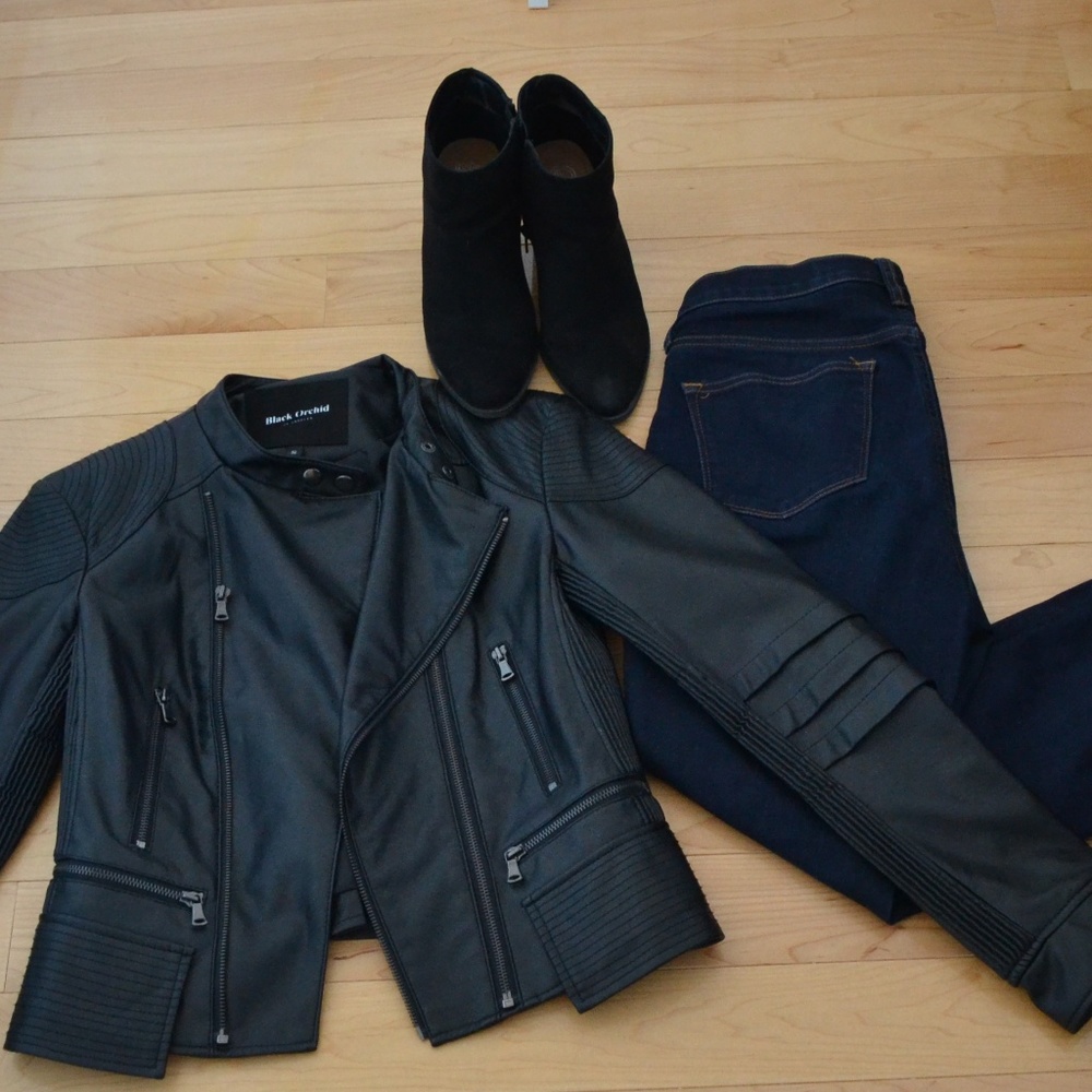 Black Orchid faux leather moto jacket, size S EUC